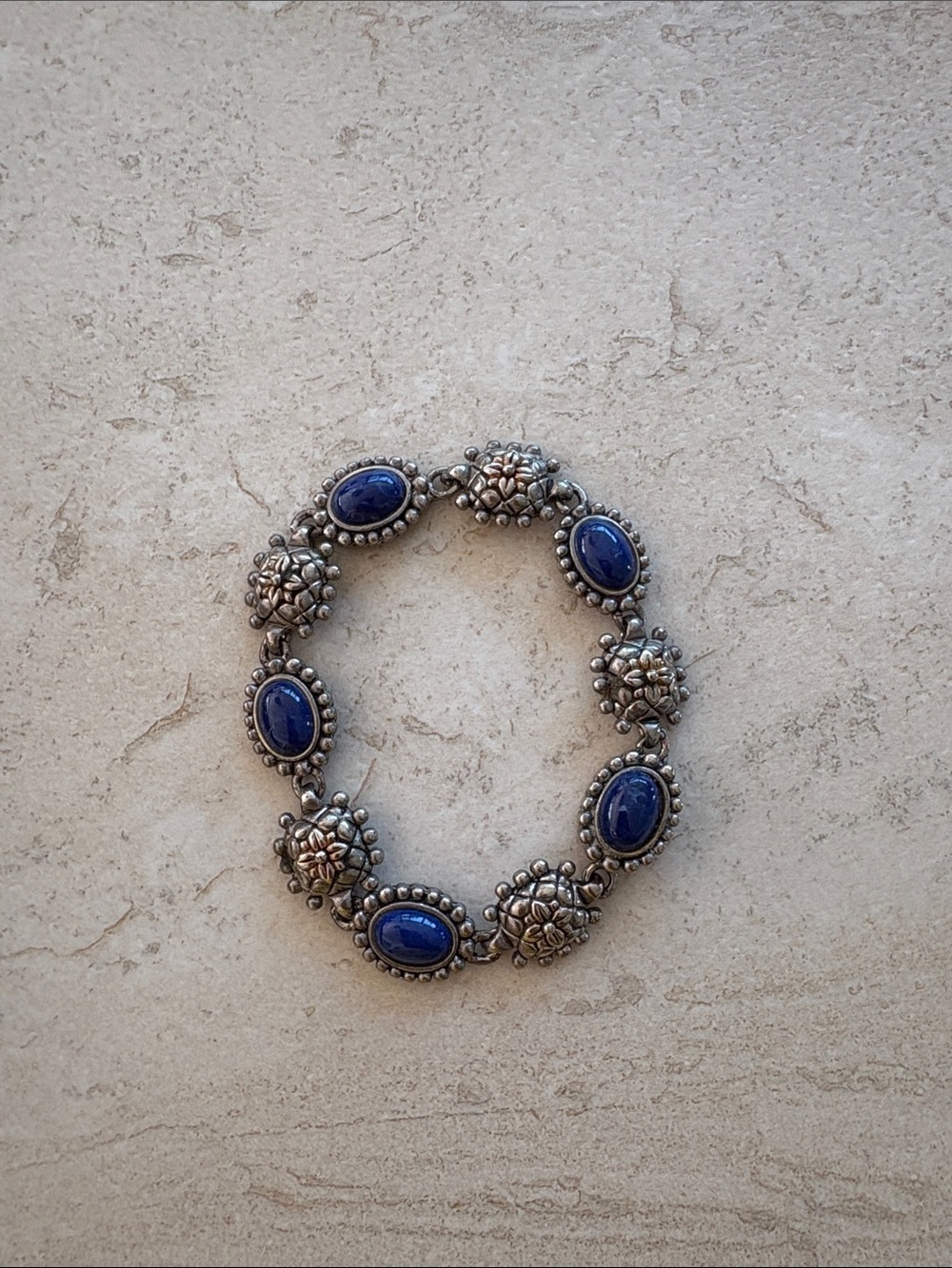Sterling-Style Blue Stone Floral Link Bracelet